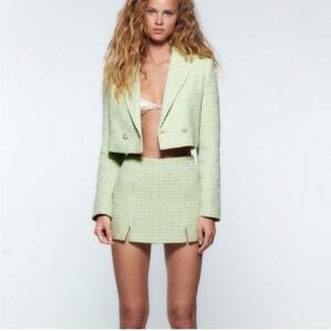 NWT Zara Green Tweed Double-breasted Cropped Blazer L